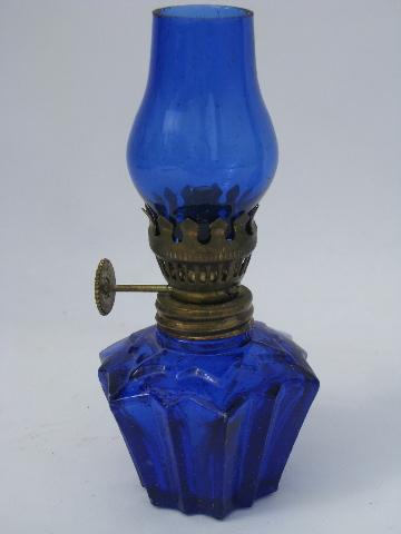 photo of vintage little glass oil lamps w/ shades, cobalt blue mini lamp lot #2