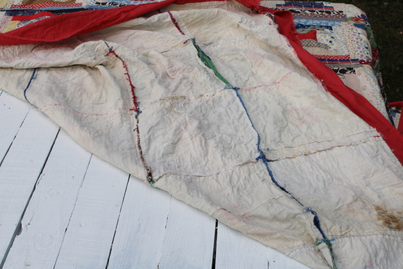 photo of vintage log cabin patchwork quilt top, lots of red & blue, 1940s 50s cotton prints  #2