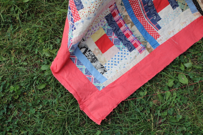 photo of vintage log cabin patchwork quilt top, lots of red & blue, 1940s 50s cotton prints  #7