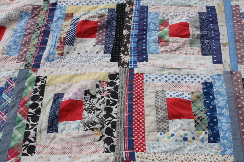photo of vintage log cabin patchwork quilt top, lots of red & blue, 1940s 50s cotton prints  #8