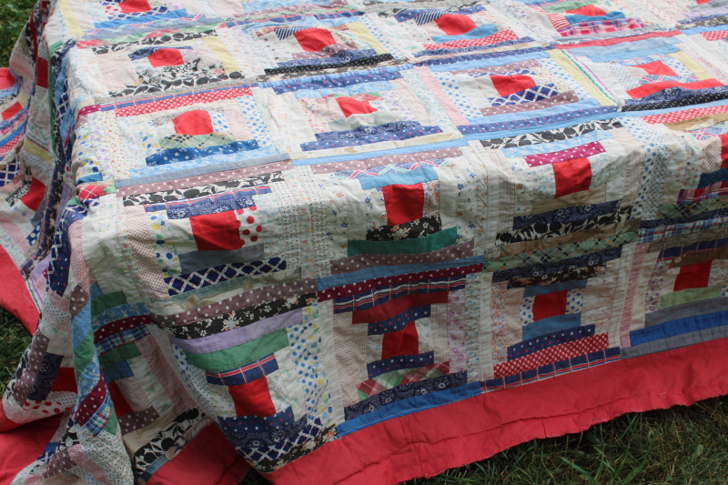 photo of vintage log cabin patchwork quilt top, lots of red & blue, 1940s 50s cotton prints  #9