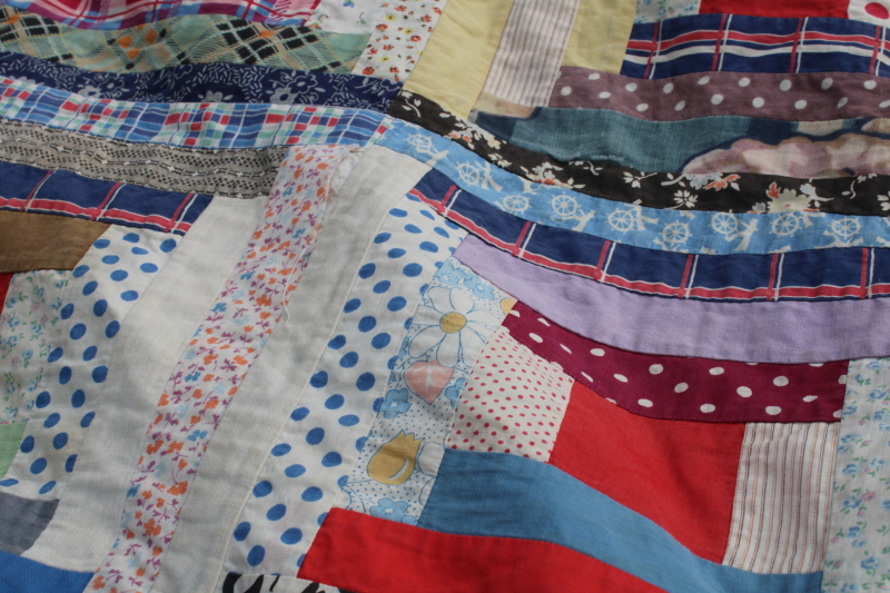 photo of vintage log cabin patchwork quilt top, lots of red & blue, 1940s 50s cotton prints  #10