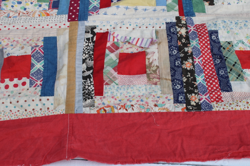 photo of vintage log cabin patchwork quilt top, lots of red & blue, 1940s 50s cotton prints  #11