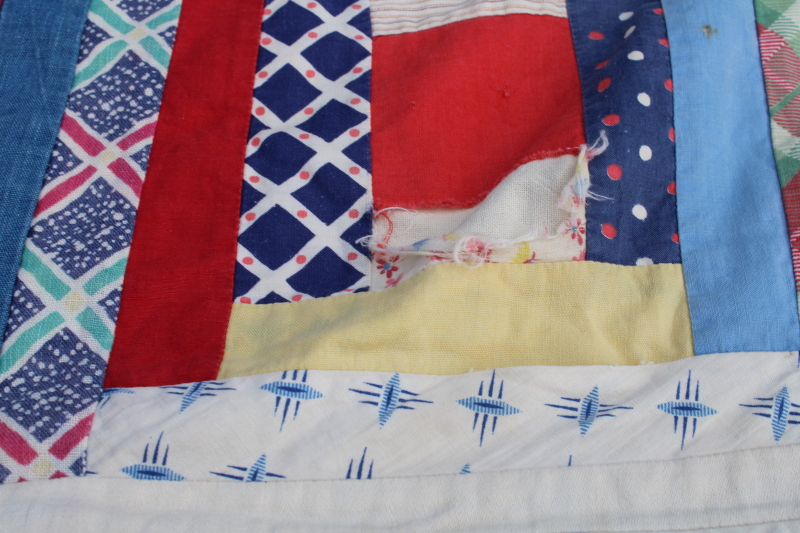 photo of vintage log cabin patchwork quilt top, lots of red & blue, 1940s 50s cotton prints  #13