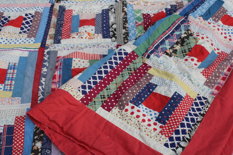 photo of vintage log cabin patchwork quilt top, lots of red & blue, 1940s 50s cotton prints  #14