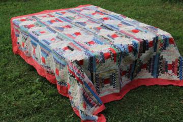 catalog photo of vintage log cabin patchwork quilt top, lots of red & blue, 1940s 50s cotton prints 