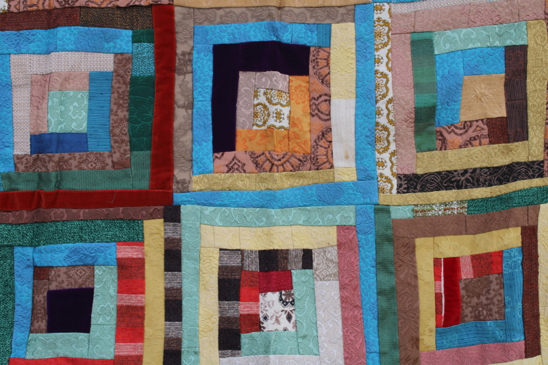 photo of vintage log cabin quilt, heavy upholstery fabric wall hanging mid century modern art tapestry #4