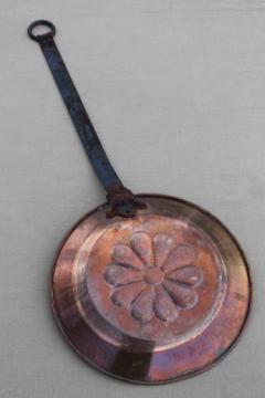 catalog photo of vintage long handled copper pan w/ iron handle, for fireplace or hearth