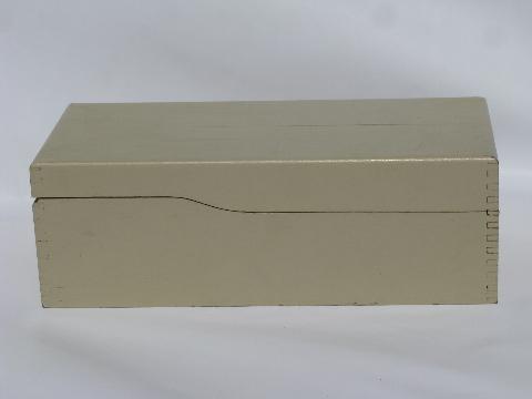 photo of vintage long wood dovetailed recipe card file box, old white paint #1