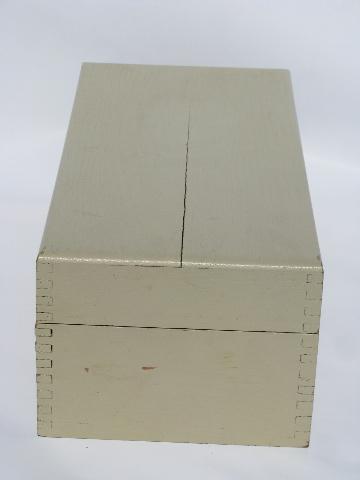 photo of vintage long wood dovetailed recipe card file box, old white paint #2