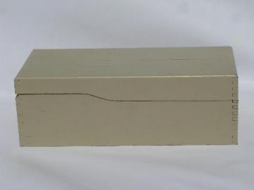 catalog photo of vintage long wood dovetailed recipe card file box, old white paint