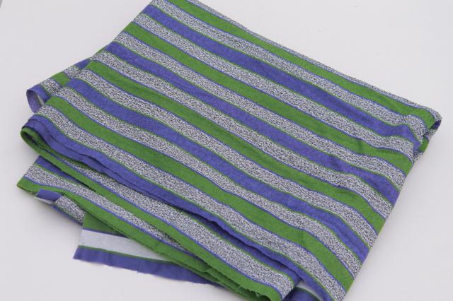 photo of vintage looped poly velour fabric, retro striped grey tweed, violet blue & olive green #1