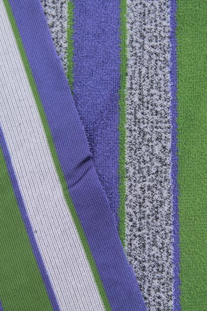 photo of vintage looped poly velour fabric, retro striped grey tweed, violet blue & olive green #4