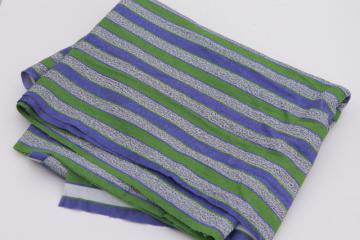 catalog photo of vintage looped poly velour fabric, retro striped grey tweed, violet blue & olive green