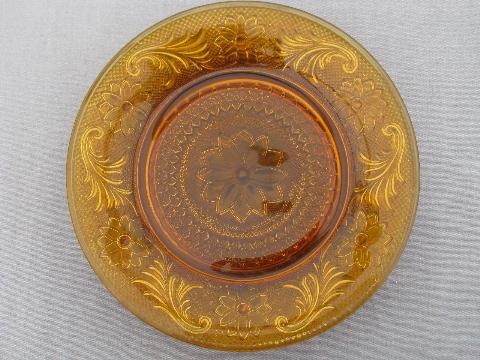 photo of vintage lot of 4 Tiara daisy sandwich amber glass salad plates #2