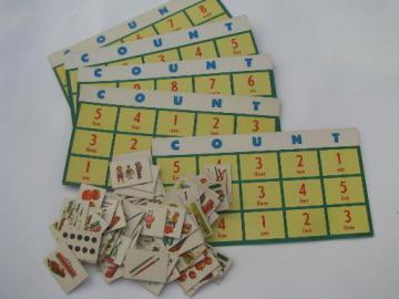 catalog photo of vintage lotto counting game, number cards, retro artwork and illustrations