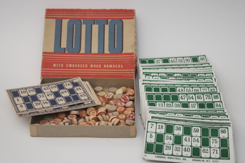 photo of vintage lotto game bingo cards & embossed wood numbers counters, game pieces lot #1