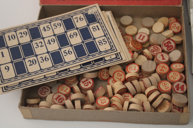 photo of vintage lotto game bingo cards & embossed wood numbers counters, game pieces lot #2