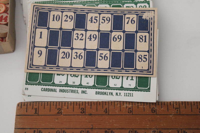 photo of vintage lotto game bingo cards & embossed wood numbers counters, game pieces lot #3