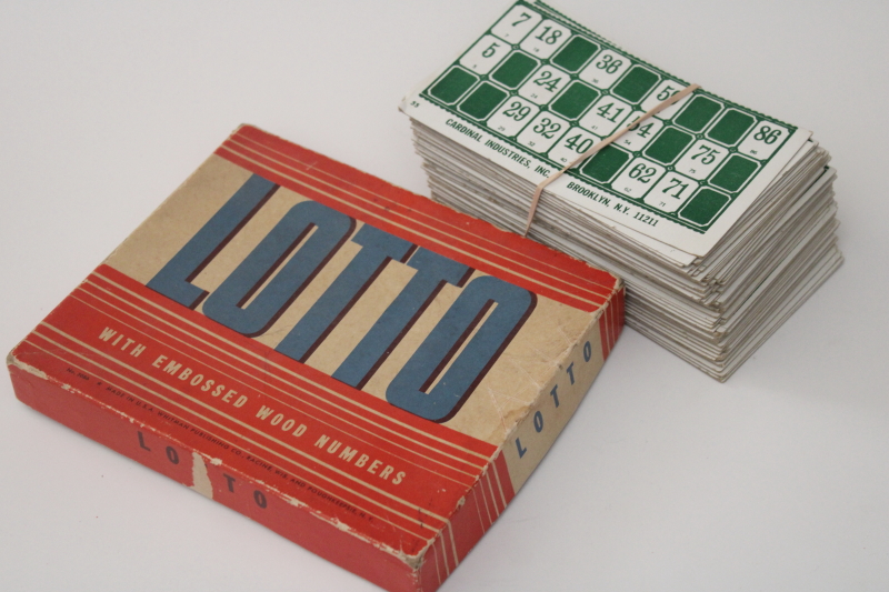 photo of vintage lotto game bingo cards & embossed wood numbers counters, game pieces lot #4