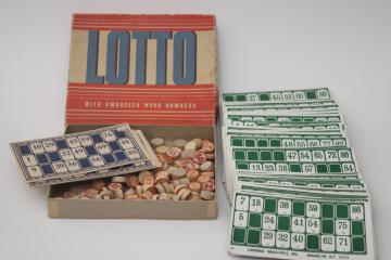 vintage lotto game bingo cards & embossed wood numbers counters, game pieces lot