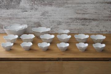 catalog photo of vintage lotus flower white porcelain rice bowls, large serving bowls, small sauce dishes