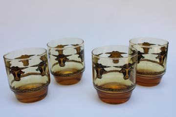 catalog photo of vintage lowball glasses, retro bar glasses w/ western cattle print longhorn cows