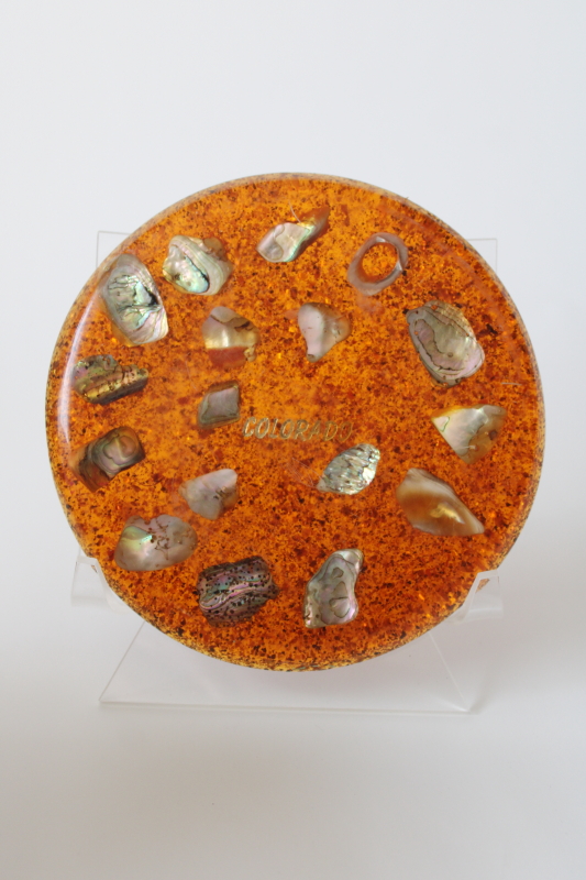 photo of vintage lucite acrylic glitter orange plastic abalone shell trivet, retro Colorado souvenir #2
