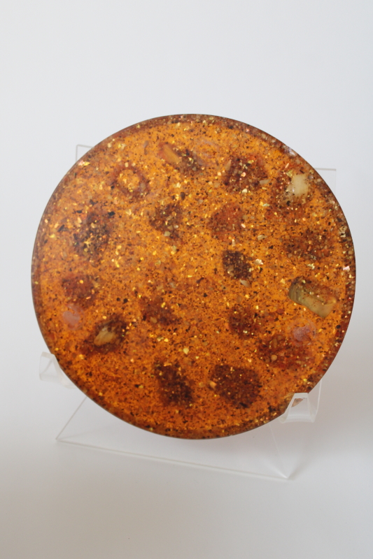 photo of vintage lucite acrylic glitter orange plastic abalone shell trivet, retro Colorado souvenir #3
