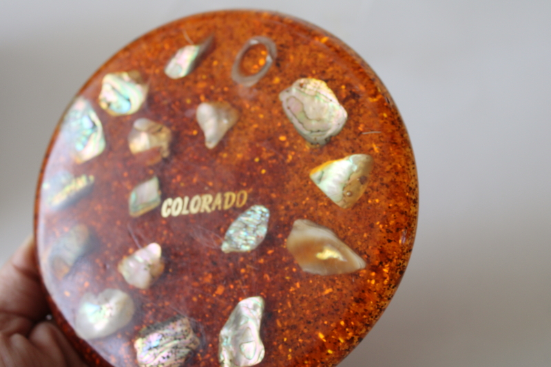 photo of vintage lucite acrylic glitter orange plastic abalone shell trivet, retro Colorado souvenir #5