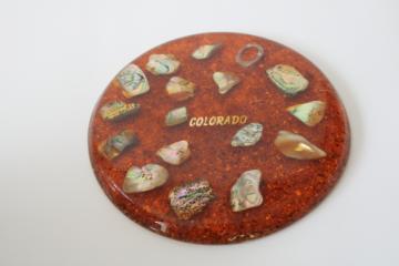 catalog photo of vintage lucite acrylic glitter orange plastic abalone shell trivet, retro Colorado souvenir 