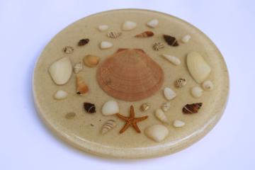 catalog photo of vintage lucite acrylic resin trivet, beach sand & seashells coastal decor Florida vibes 