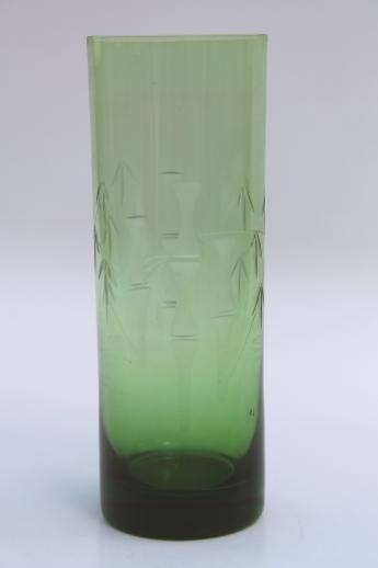 photo of vintage lucky bamboo vase, green glass vase w/ wheel cut etched bamboo #1