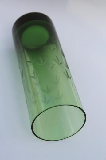 photo of vintage lucky bamboo vase, green glass vase w/ wheel cut etched bamboo #2