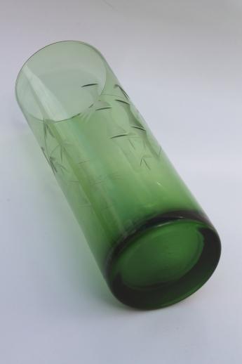 photo of vintage lucky bamboo vase, green glass vase w/ wheel cut etched bamboo #3