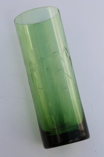 photo of vintage lucky bamboo vase, green glass vase w/ wheel cut etched bamboo #5