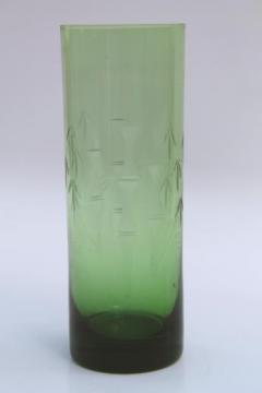 catalog photo of vintage lucky bamboo vase, green glass vase w/ wheel cut etched bamboo