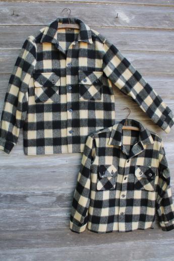 photo of vintage lumberjack shirt jackets, buffalo check plaid wool hunting coat lot #1