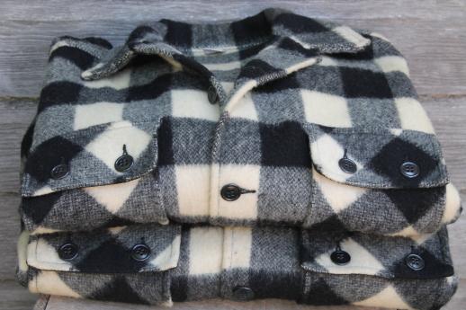 photo of vintage lumberjack shirt jackets, buffalo check plaid wool hunting coat lot #5