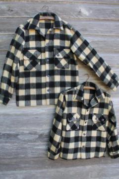 catalog photo of vintage lumberjack shirt jackets, buffalo check plaid wool hunting coat lot