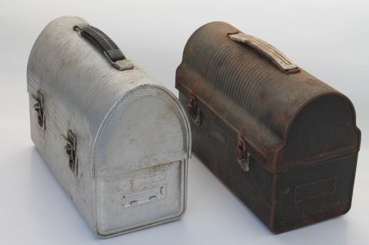 photo of vintage lunch pails, workman's lunch boxes, dome topped metal lunchbox lot #1