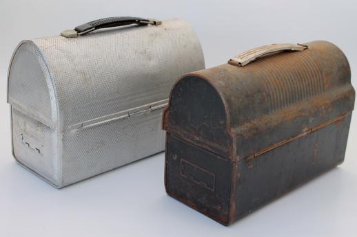 photo of vintage lunch pails, workman's lunch boxes, dome topped metal lunchbox lot #3