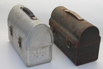 catalog photo of vintage lunch pails, workman's lunch boxes, dome topped metal lunchbox lot