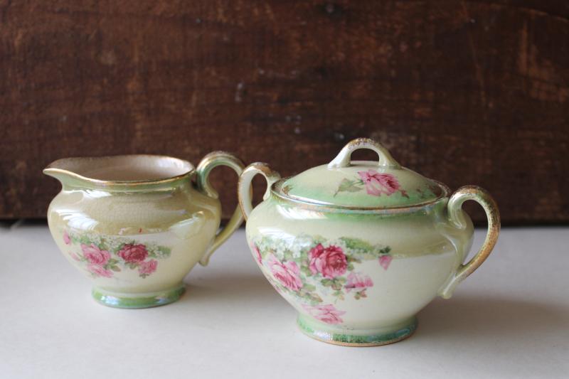 photo of vintage luster china cream & sugar green pink roses, shabby cottage chic tea table dishes #1