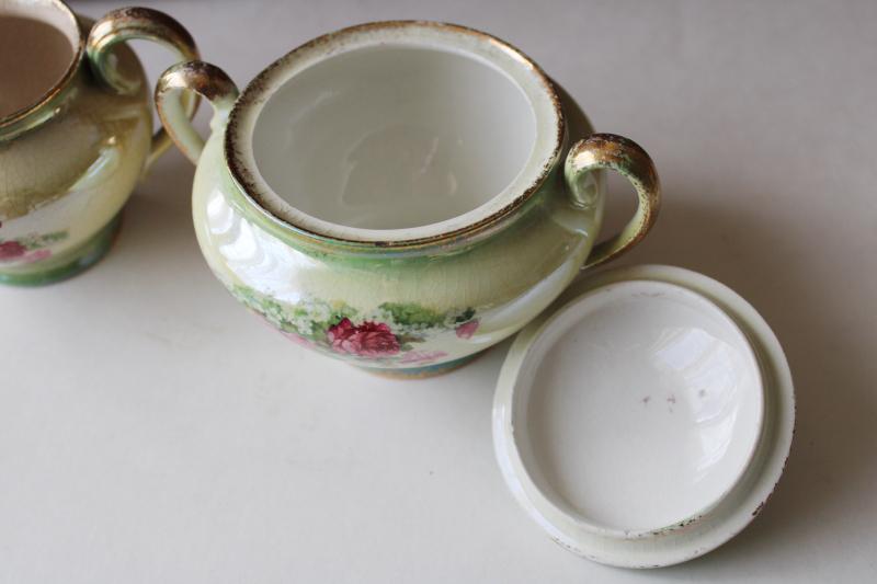 photo of vintage luster china cream & sugar green pink roses, shabby cottage chic tea table dishes #2