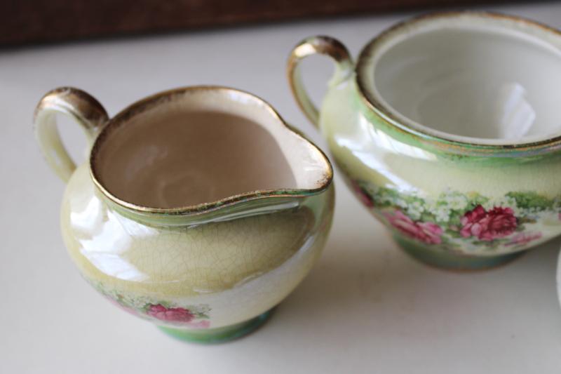 photo of vintage luster china cream & sugar green pink roses, shabby cottage chic tea table dishes #3