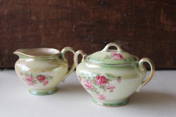 catalog photo of vintage luster china cream & sugar green pink roses, shabby cottage chic tea table dishes