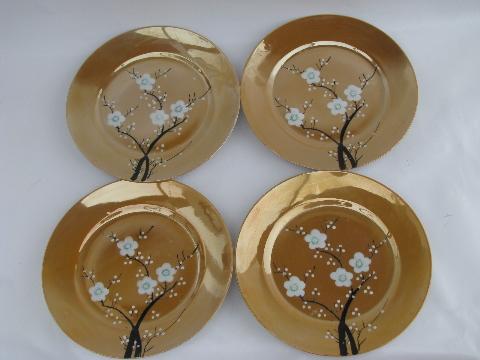 photo of vintage luster china plates, handpainted plum blossom or flowering cherry #1