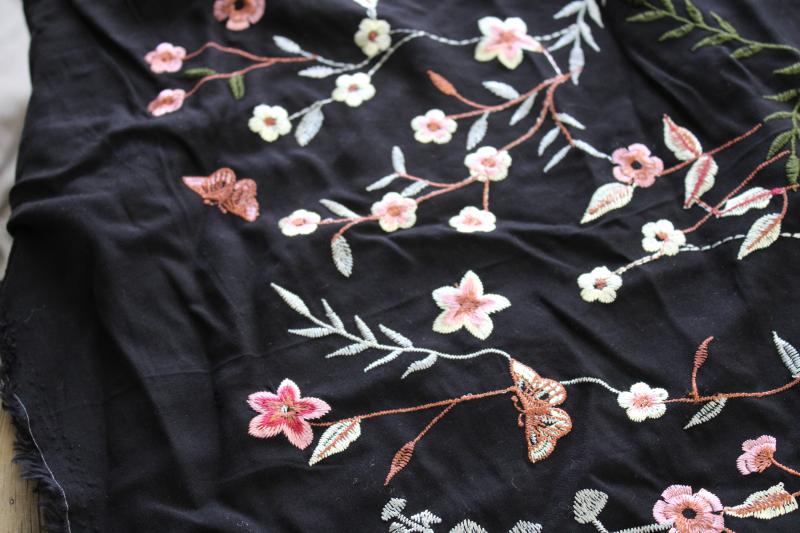 photo of vintage machine embroidered rayon fabric, silky thread floral pattern on black #2