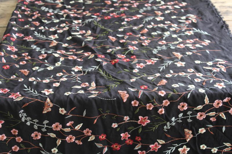 photo of vintage machine embroidered rayon fabric, silky thread floral pattern on black #4